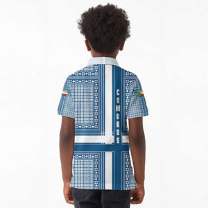 Comoros Kid Polo Shirt - Blue and White Traditional Geometric Pattern and National Flag Detail
