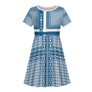 Comoros Kid Short Sleeve Dress - Blue and White Traditional Geometric Pattern and National Flag Detail