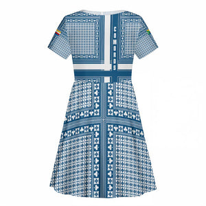 Comoros Kid Short Sleeve Dress - Blue and White Traditional Geometric Pattern and National Flag Detail