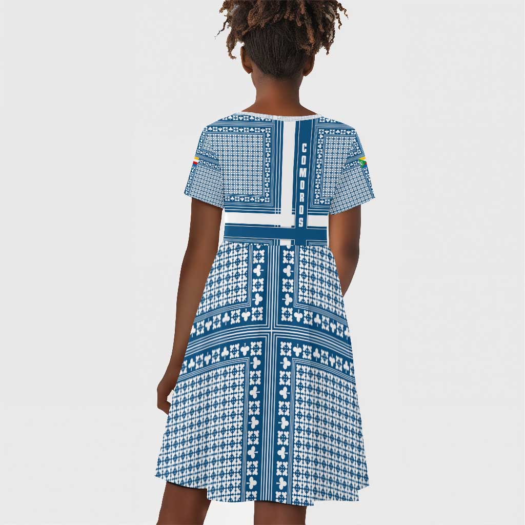 Comoros Kid Short Sleeve Dress - Blue and White Traditional Geometric Pattern and National Flag Detail