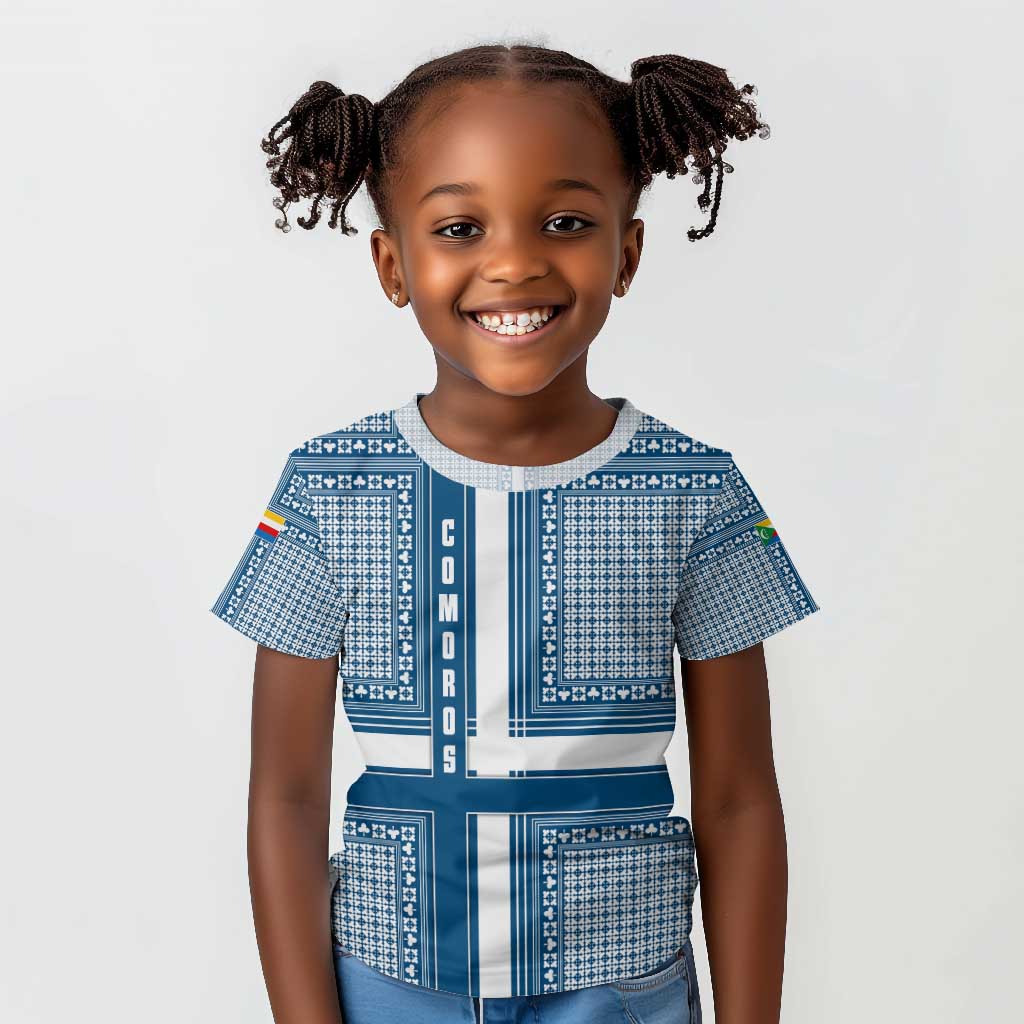 Comoros Kid T shirt - Blue and White Traditional Geometric Pattern and National Flag Detail