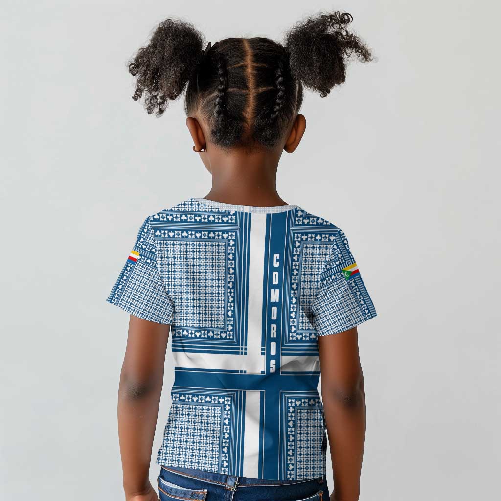 Comoros Kid T shirt - Blue and White Traditional Geometric Pattern and National Flag Detail