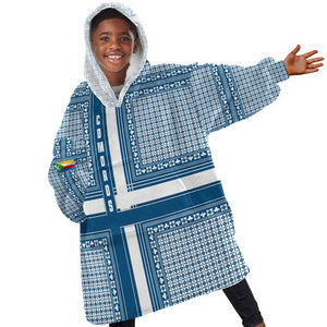 Comoros Kid Wearable Blanket Hoodie - Blue and White Traditional Geometric Pattern and National Flag Detail