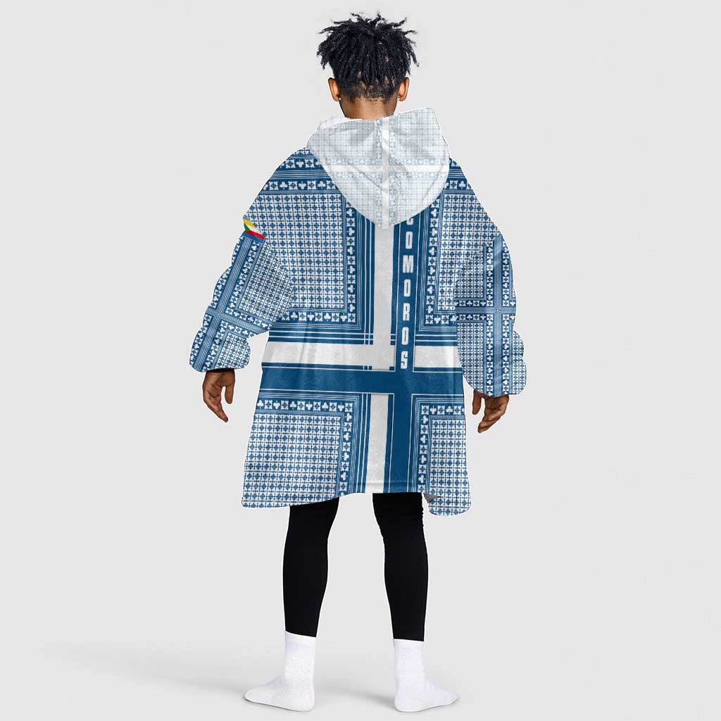 Comoros Kid Wearable Blanket Hoodie - Blue and White Traditional Geometric Pattern and National Flag Detail