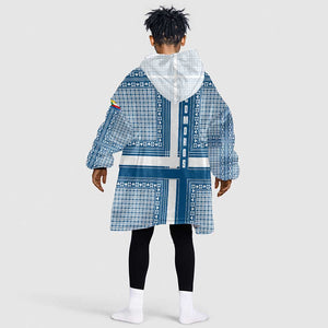 Comoros Kid Wearable Blanket Hoodie - Blue and White Traditional Geometric Pattern and National Flag Detail
