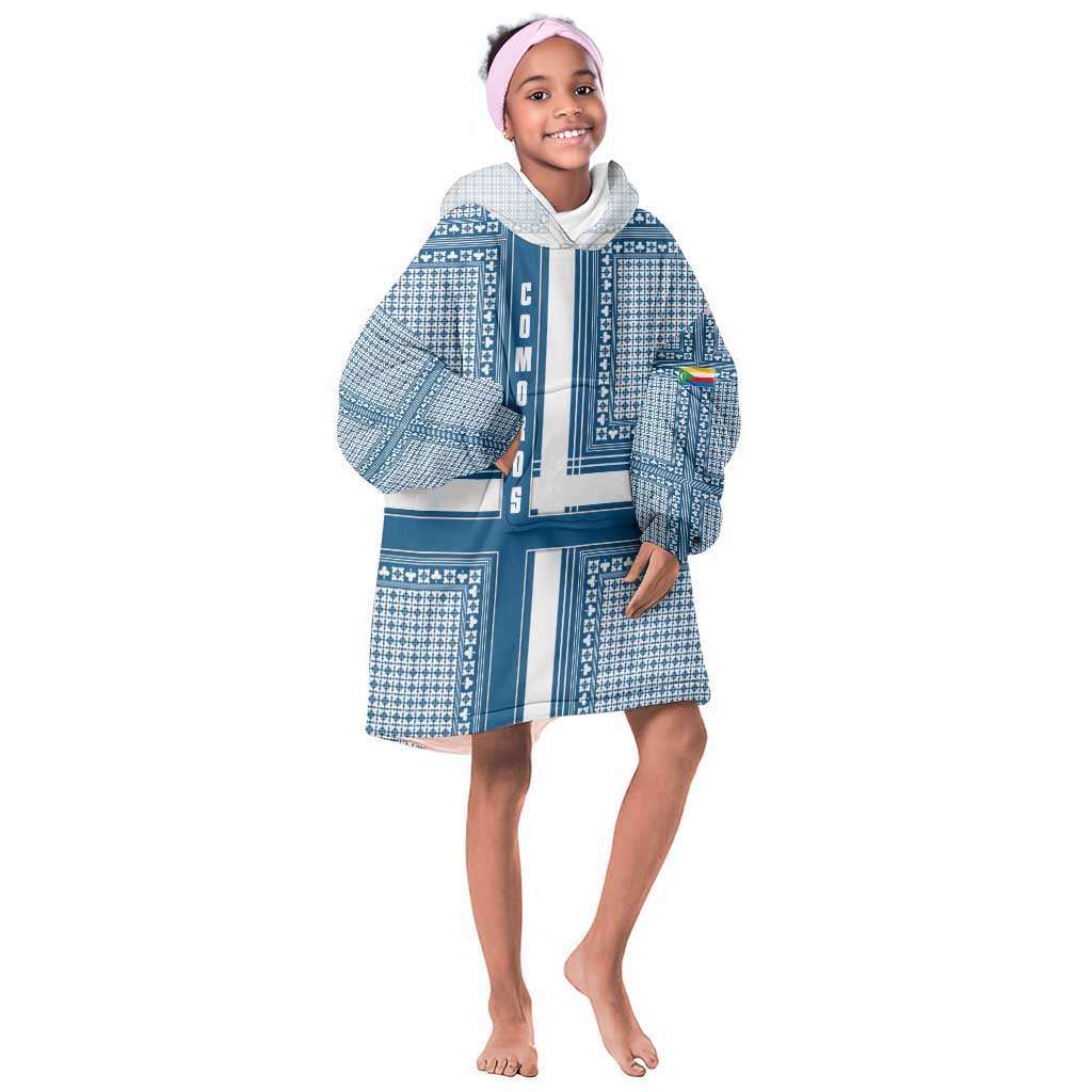 Comoros Kid Wearable Blanket Hoodie - Blue and White Traditional Geometric Pattern and National Flag Detail