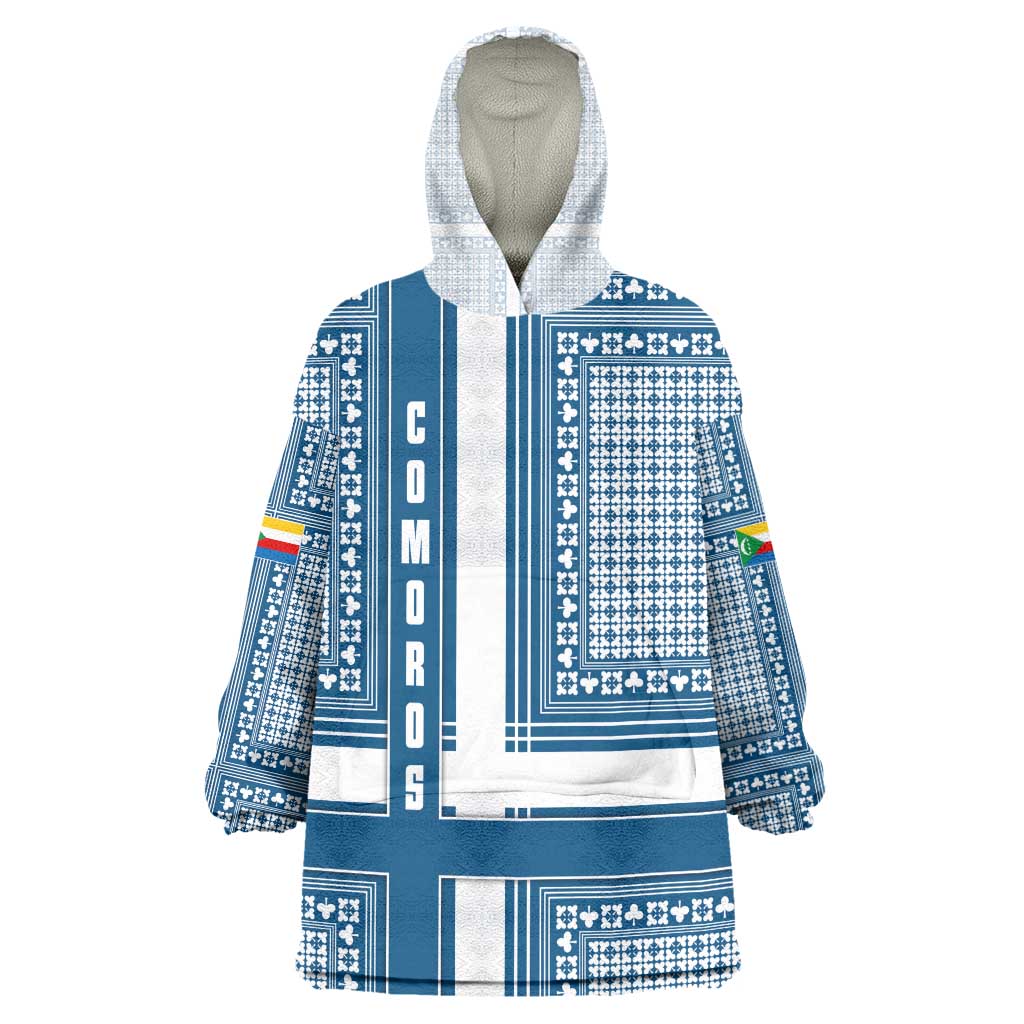 Comoros Kid Wearable Blanket Hoodie - Blue and White Traditional Geometric Pattern and National Flag Detail
