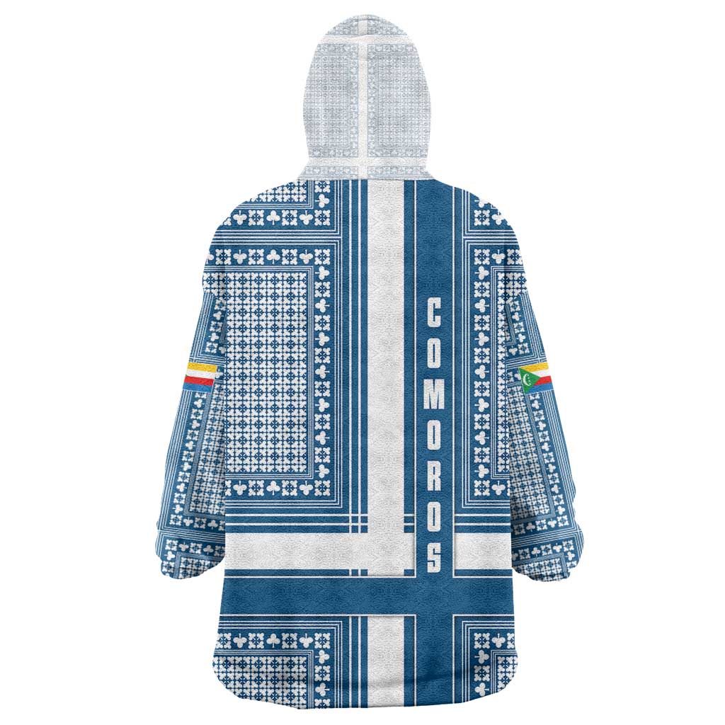 Comoros Kid Wearable Blanket Hoodie - Blue and White Traditional Geometric Pattern and National Flag Detail