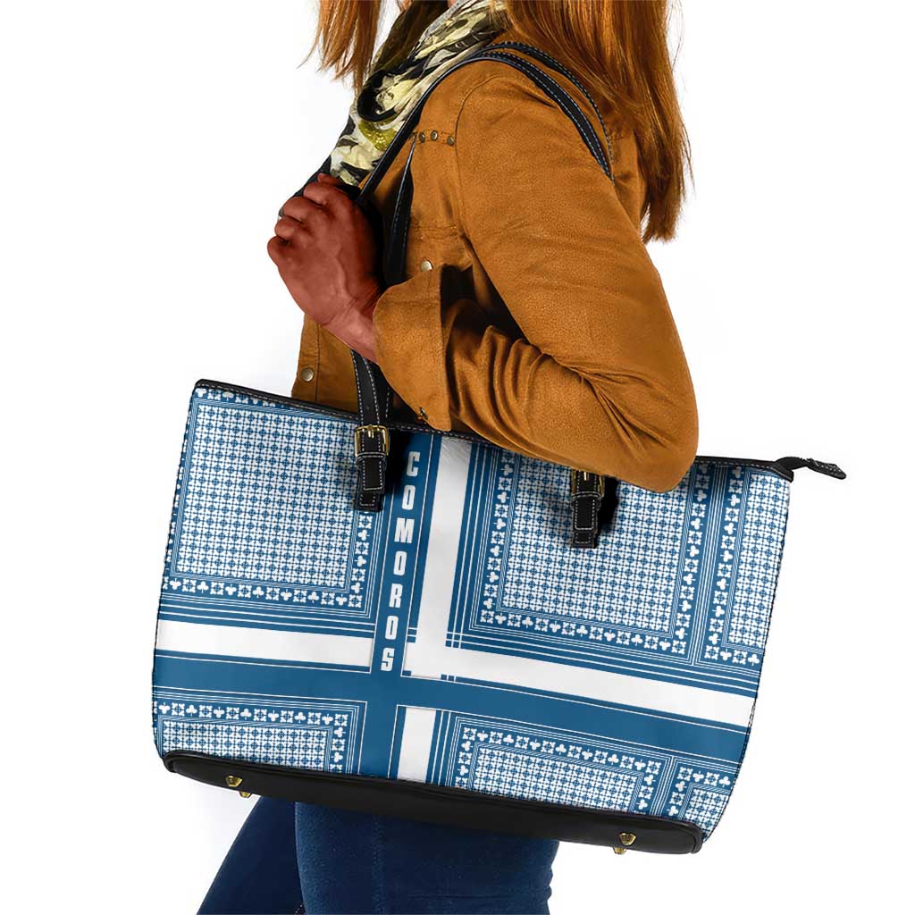 Comoros Leather Tote Bag - Blue and White Traditional Geometric Pattern and National Flag Detail