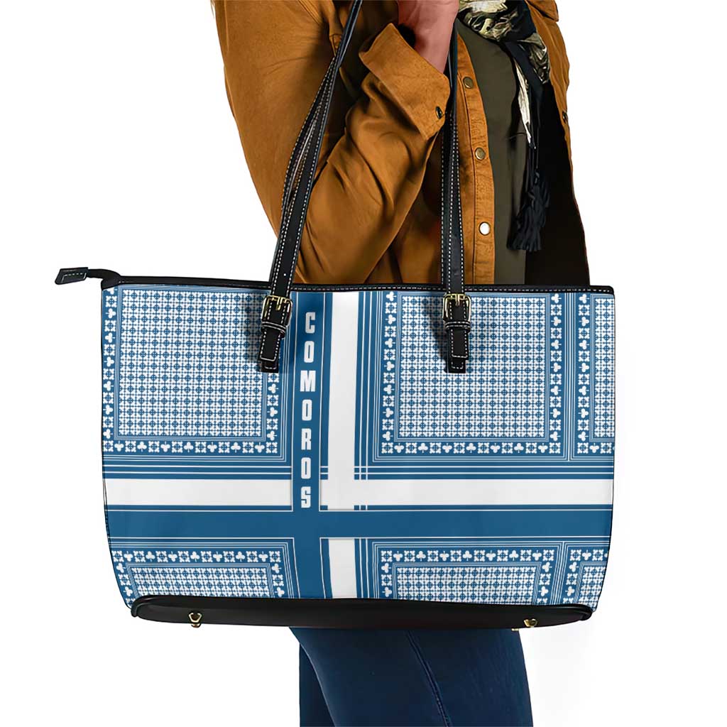 Comoros Leather Tote Bag - Blue and White Traditional Geometric Pattern and National Flag Detail