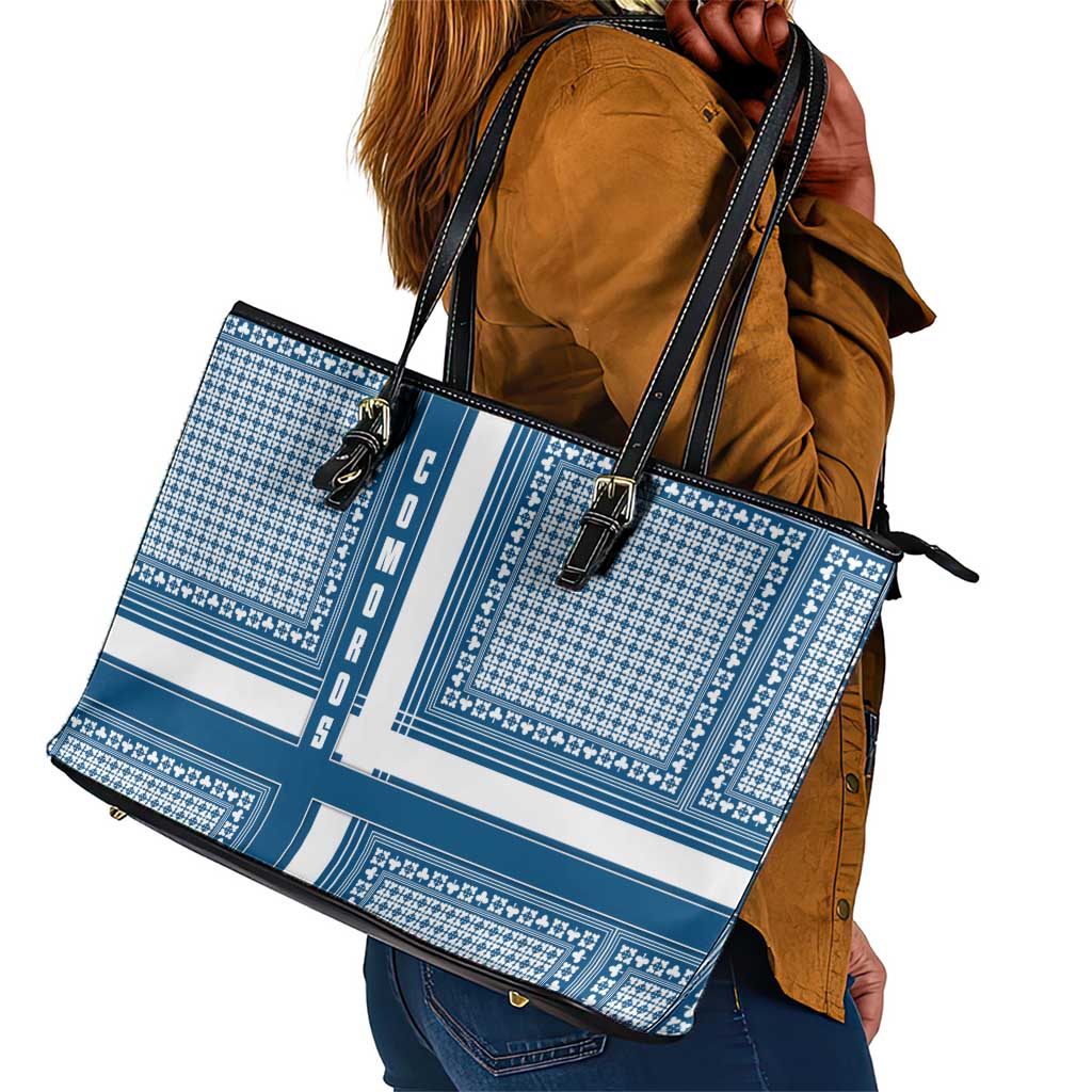 Comoros Leather Tote Bag - Blue and White Traditional Geometric Pattern and National Flag Detail