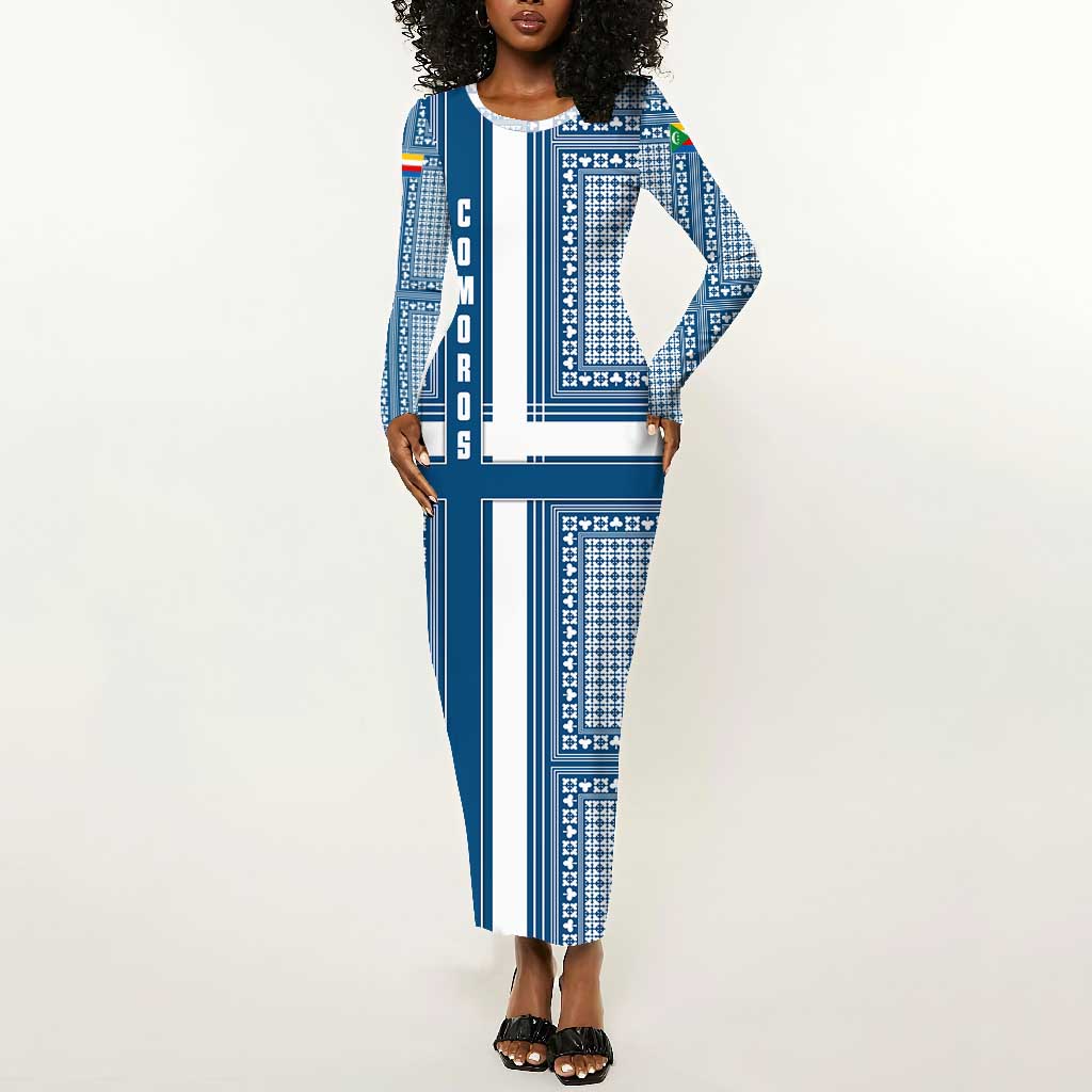 Comoros Long Sleeve Bodycon Dress - Blue and White Traditional Geometric Pattern and National Flag Detail TS04