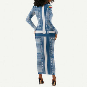 Comoros Long Sleeve Bodycon Dress - Blue and White Traditional Geometric Pattern and National Flag Detail TS04