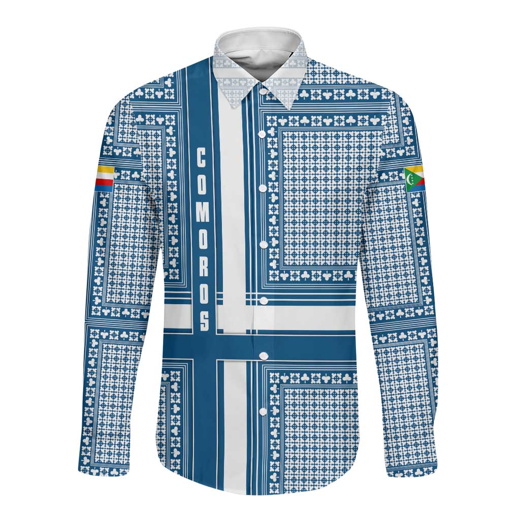 Comoros Long Sleeve Button Shirt - Blue and White Traditional Geometric Pattern and National Flag Detail