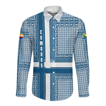 Comoros Long Sleeve Button Shirt - Blue and White Traditional Geometric Pattern and National Flag Detail