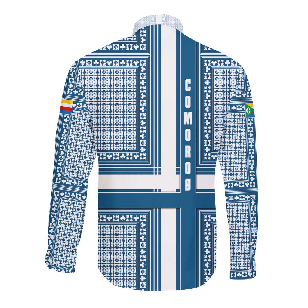 Comoros Long Sleeve Button Shirt - Blue and White Traditional Geometric Pattern and National Flag Detail
