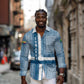 Comoros Long Sleeve Button Shirt - Blue and White Traditional Geometric Pattern and National Flag Detail