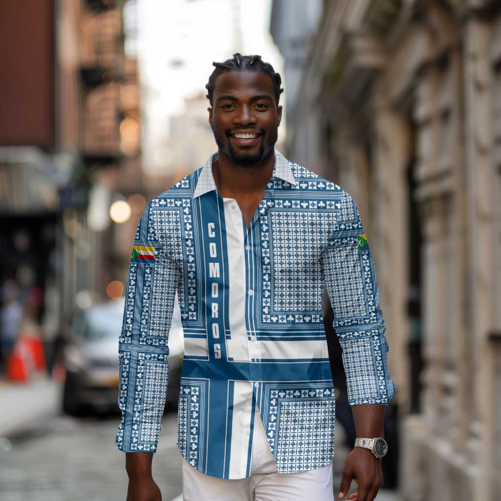 Comoros Long Sleeve Button Shirt - Blue and White Traditional Geometric Pattern and National Flag Detail