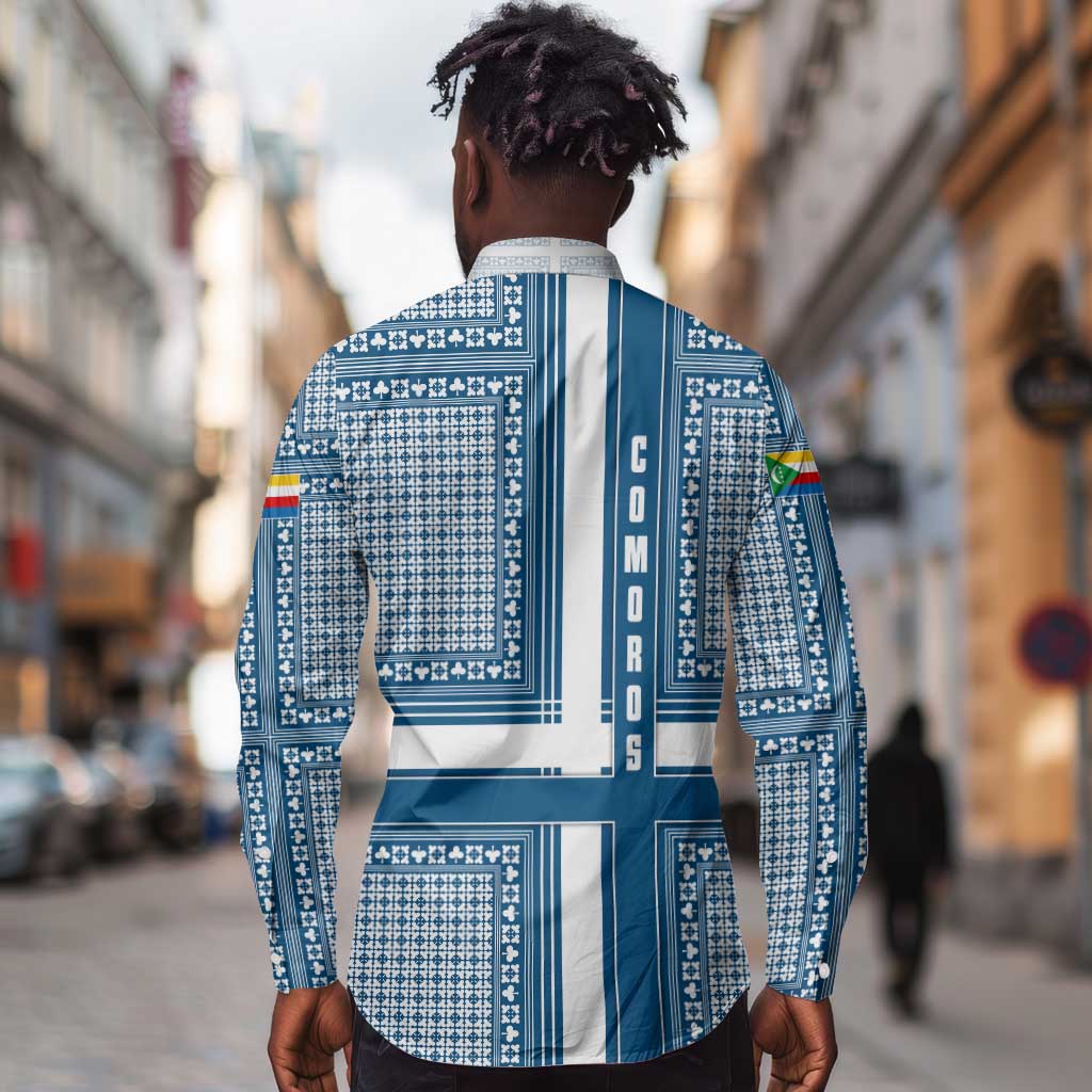 Comoros Long Sleeve Button Shirt - Blue and White Traditional Geometric Pattern and National Flag Detail