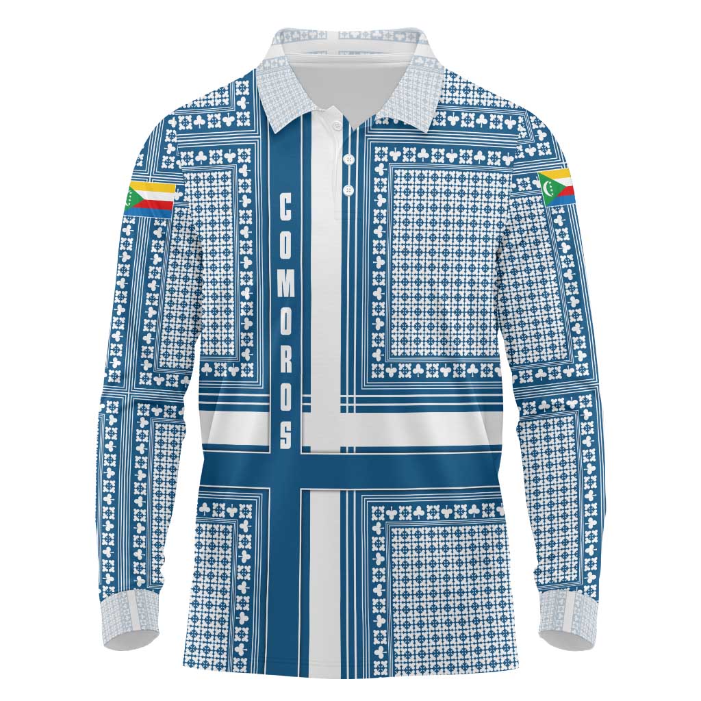 Comoros Long Sleeve Polo Shirt - Blue and White Traditional Geometric Pattern and National Flag Detail