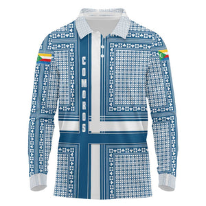 Comoros Long Sleeve Polo Shirt - Blue and White Traditional Geometric Pattern and National Flag Detail