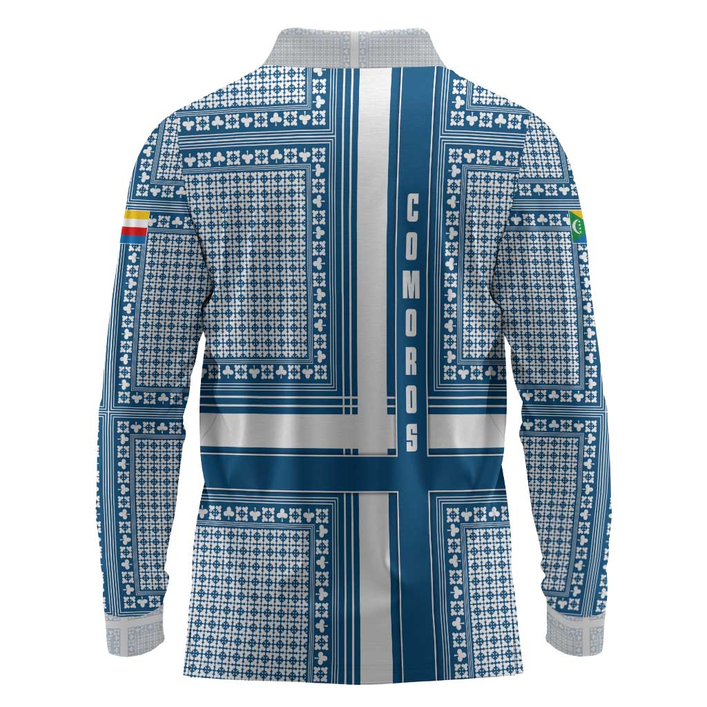 Comoros Long Sleeve Polo Shirt - Blue and White Traditional Geometric Pattern and National Flag Detail