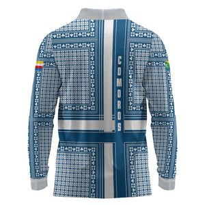Comoros Long Sleeve Polo Shirt - Blue and White Traditional Geometric Pattern and National Flag Detail