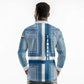 Comoros Long Sleeve Polo Shirt - Blue and White Traditional Geometric Pattern and National Flag Detail
