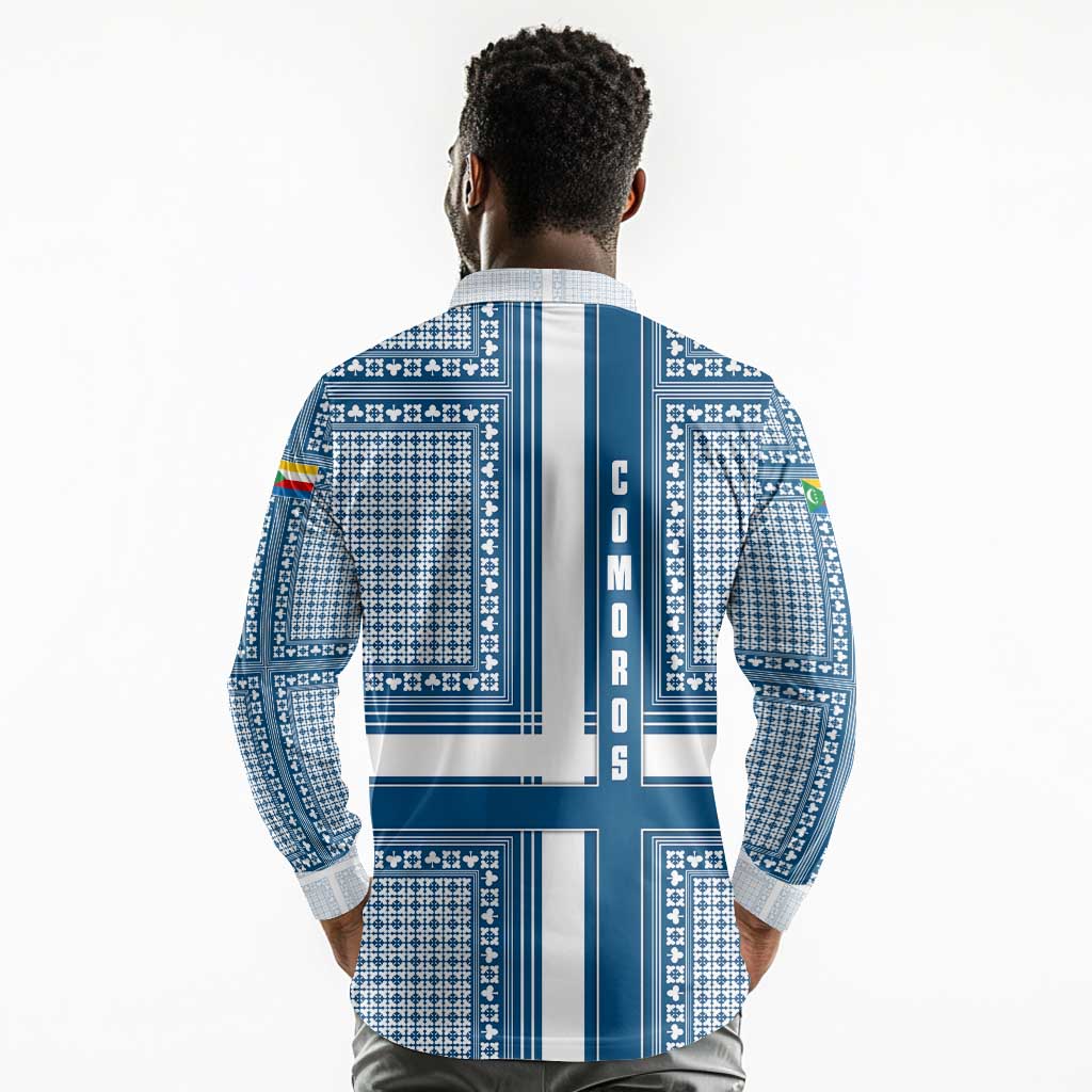 Comoros Long Sleeve Polo Shirt - Blue and White Traditional Geometric Pattern and National Flag Detail