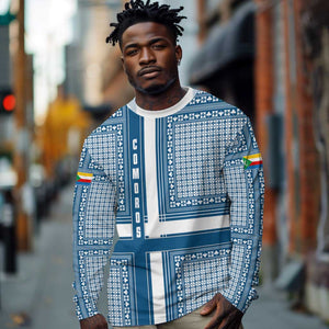 Comoros Long Sleeve Shirt - Blue and White Traditional Geometric Pattern and National Flag Detail