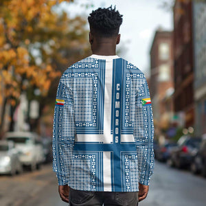 Comoros Long Sleeve Shirt - Blue and White Traditional Geometric Pattern and National Flag Detail