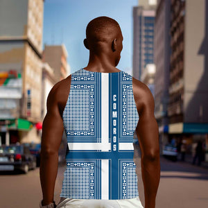 Comoros Men Tank Top - Blue and White Traditional Geometric Pattern and National Flag Detail