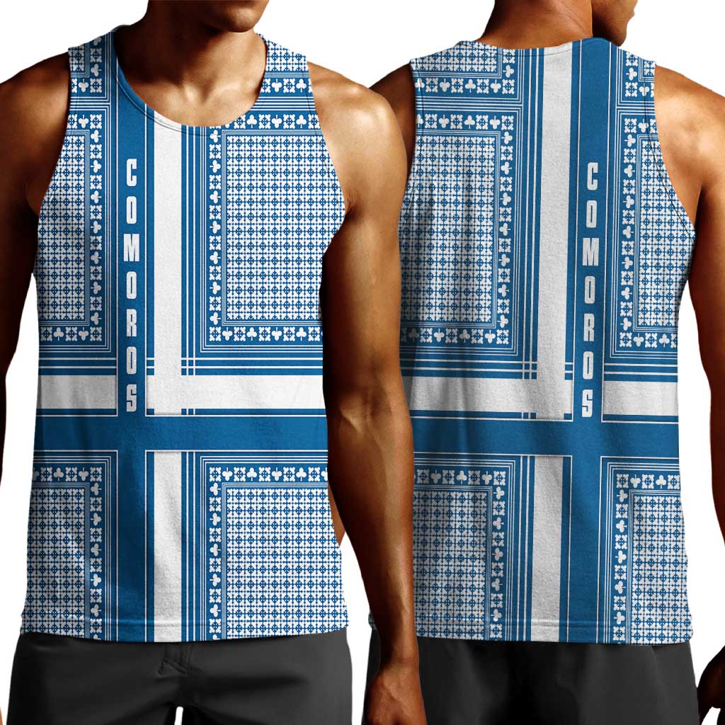 Comoros Men Tank Top - Blue and White Traditional Geometric Pattern and National Flag Detail