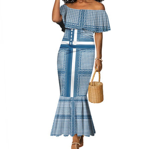 Comoros Mermaid Dress - Blue and White Traditional Geometric Pattern and National Flag Detail