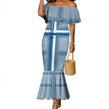 Comoros Mermaid Dress - Blue and White Traditional Geometric Pattern and National Flag Detail