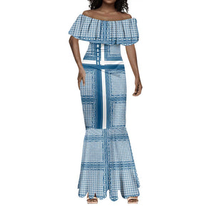 Comoros Mermaid Dress - Blue and White Traditional Geometric Pattern and National Flag Detail