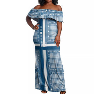 Comoros Off Shoulder Maxi Dress - Blue and White Traditional Geometric Pattern and National Flag Detail