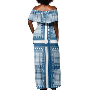 Comoros Off Shoulder Maxi Dress - Blue and White Traditional Geometric Pattern and National Flag Detail