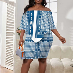 Comoros Off Shoulder Short Dress - Blue and White Traditional Geometric Pattern and National Flag Detail