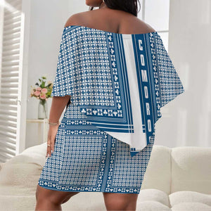 Comoros Off Shoulder Short Dress - Blue and White Traditional Geometric Pattern and National Flag Detail