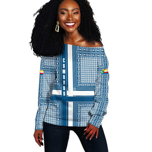 Comoros Off Shoulder Sweater - Blue and White Traditional Geometric Pattern and National Flag Detail