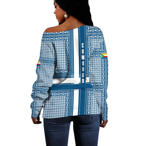 Comoros Off Shoulder Sweater - Blue and White Traditional Geometric Pattern and National Flag Detail
