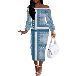 Comoros Off The Shoulder Long Sleeve Dress - Blue and White Traditional Geometric Pattern and National Flag Detail