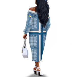 Comoros Off The Shoulder Long Sleeve Dress - Blue and White Traditional Geometric Pattern and National Flag Detail
