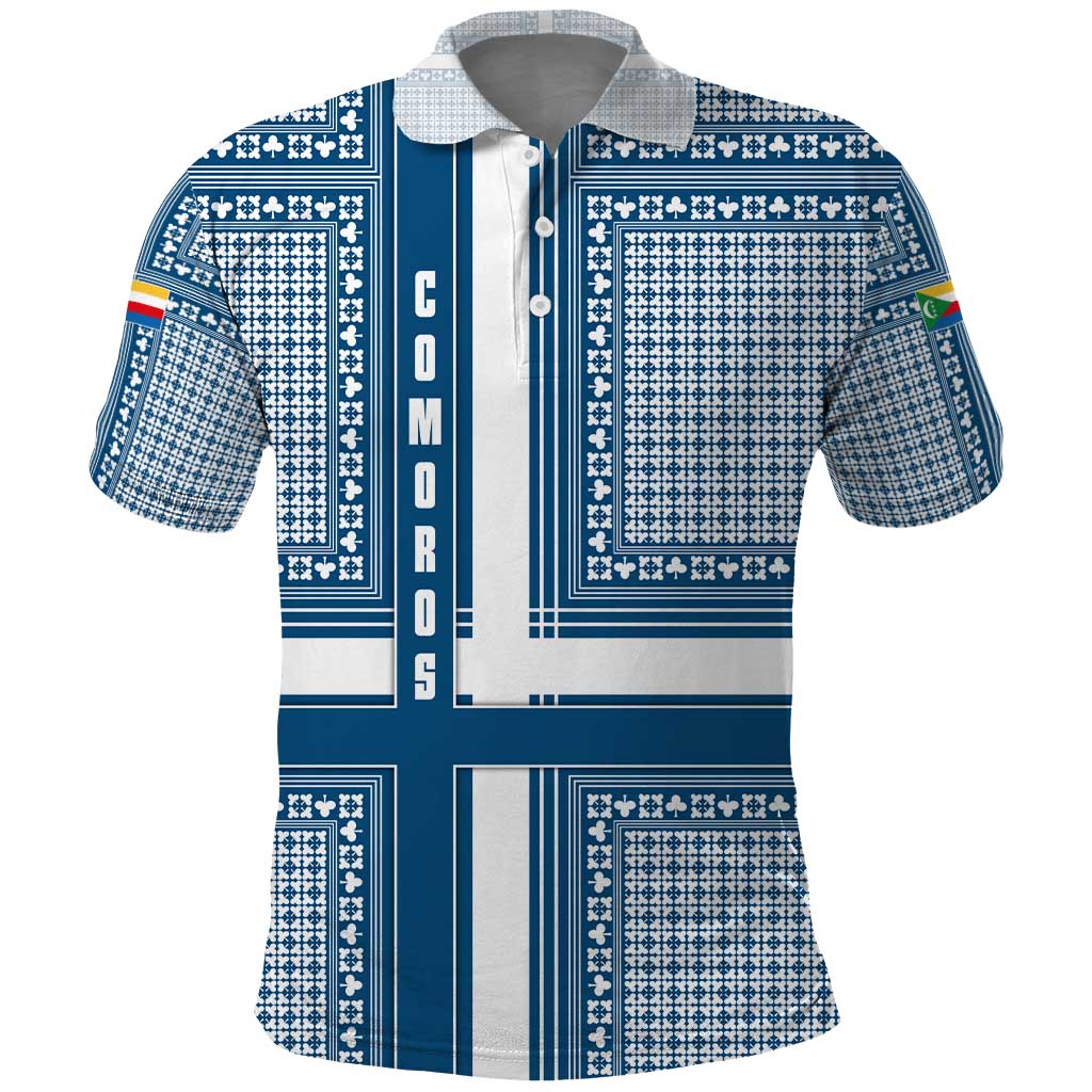 Comoros Polo Shirt - Blue and White Traditional Geometric Pattern and National Flag Detail
