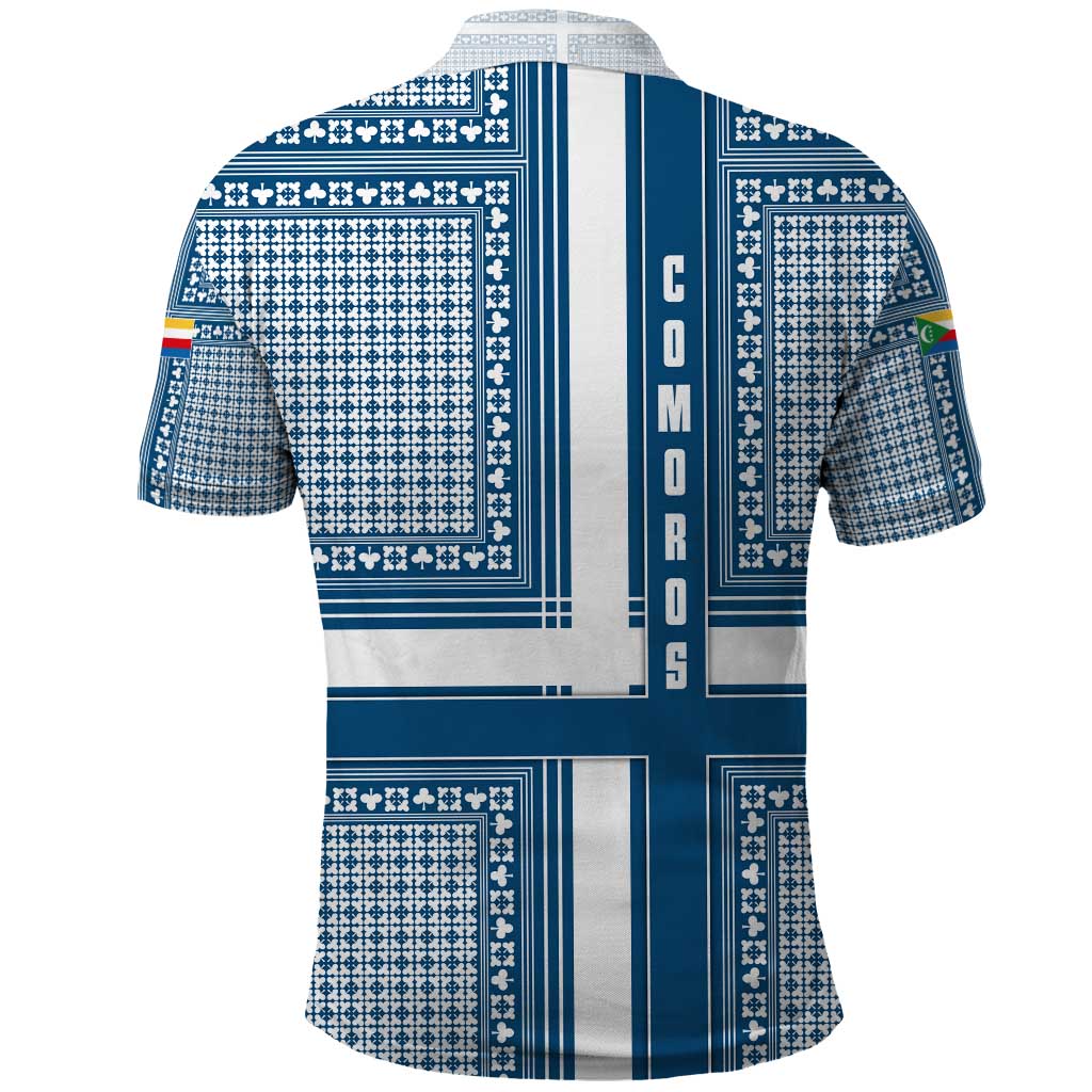 Comoros Polo Shirt - Blue and White Traditional Geometric Pattern and National Flag Detail