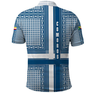 Comoros Polo Shirt - Blue and White Traditional Geometric Pattern and National Flag Detail
