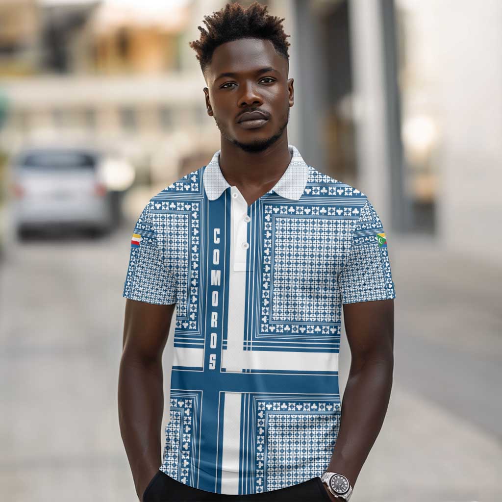 Comoros Polo Shirt - Blue and White Traditional Geometric Pattern and National Flag Detail