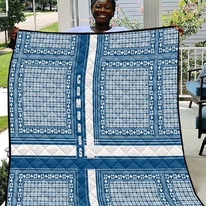 Comoros Quilt - Blue and White Traditional Geometric Pattern and National Flag Detail