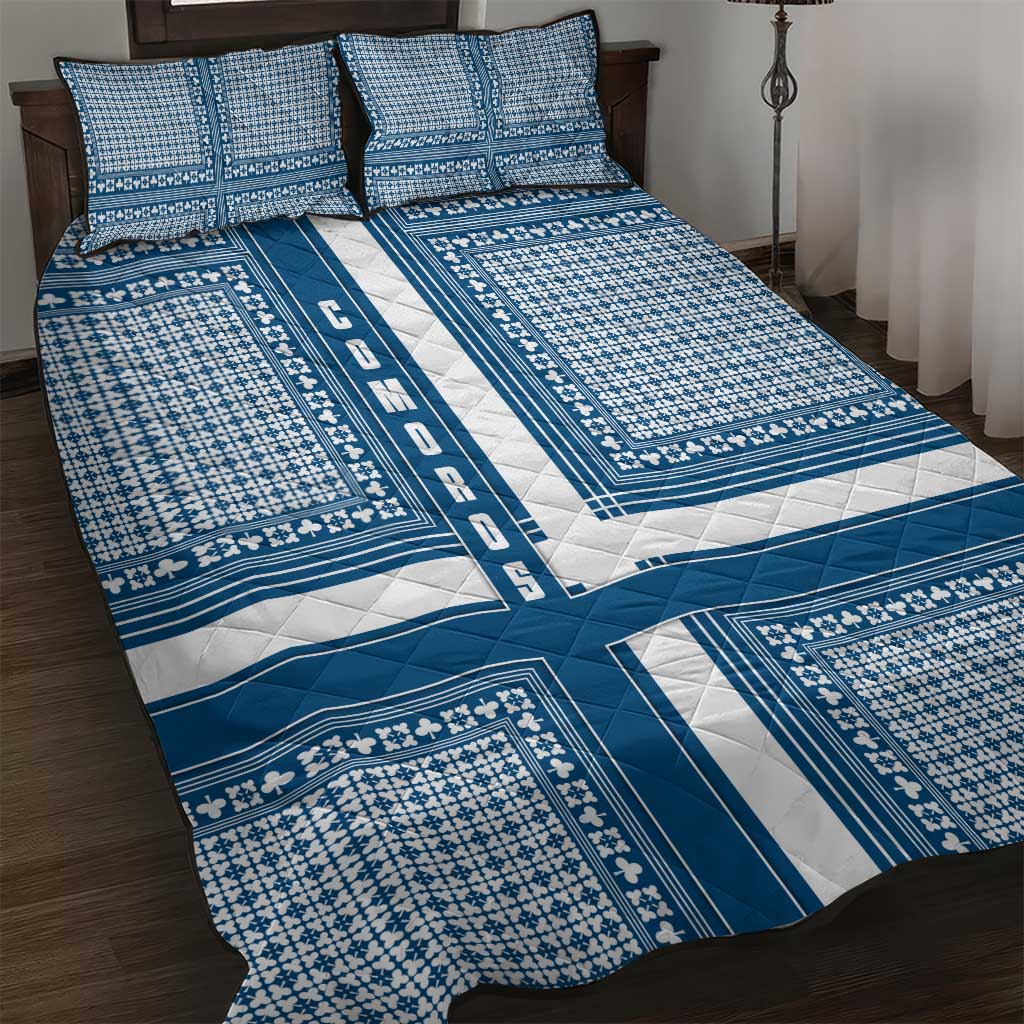 Comoros Quilt Bed Set - Blue and White Traditional Geometric Pattern and National Flag Detail